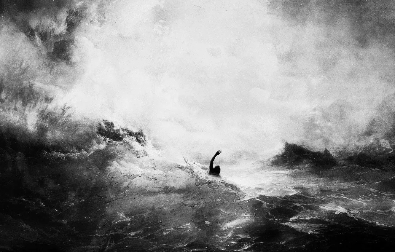 Фото обои море, волны, черно-белый, человек