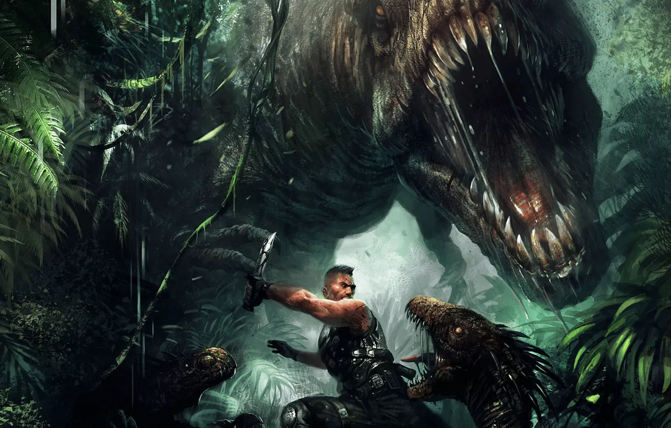 Фото обои джунгли, солдат, динозавры, Turok