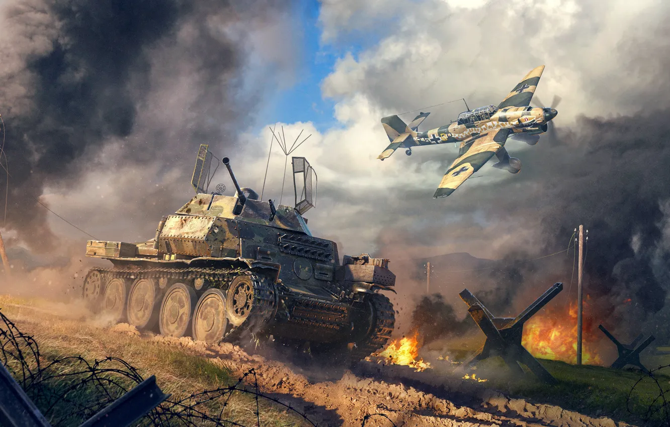 Фото обои Игра, Самолет, Дым, Германия, Огонь, Танк, Game, War Thunder