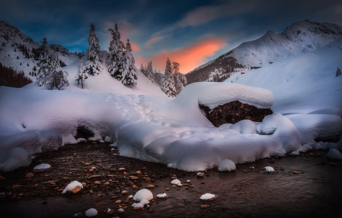 Фото обои зима, закат, река