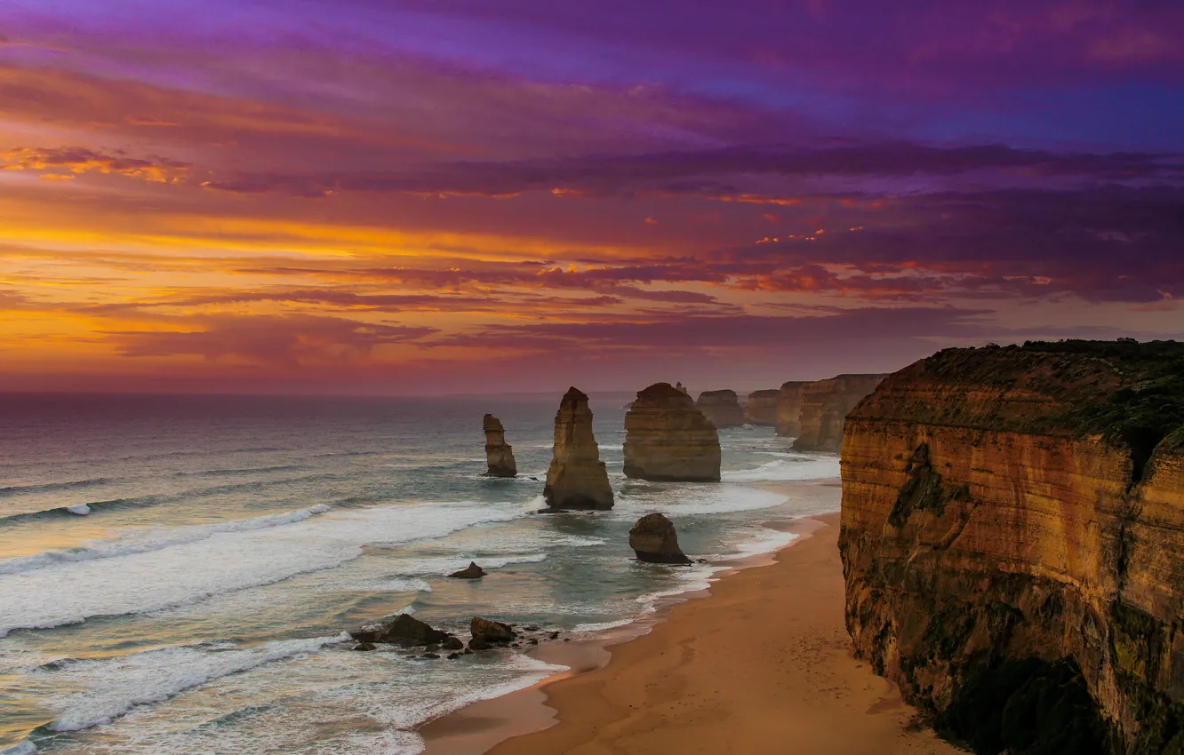 Фото обои пляж, закат, Австралия, двенадцать апостолов