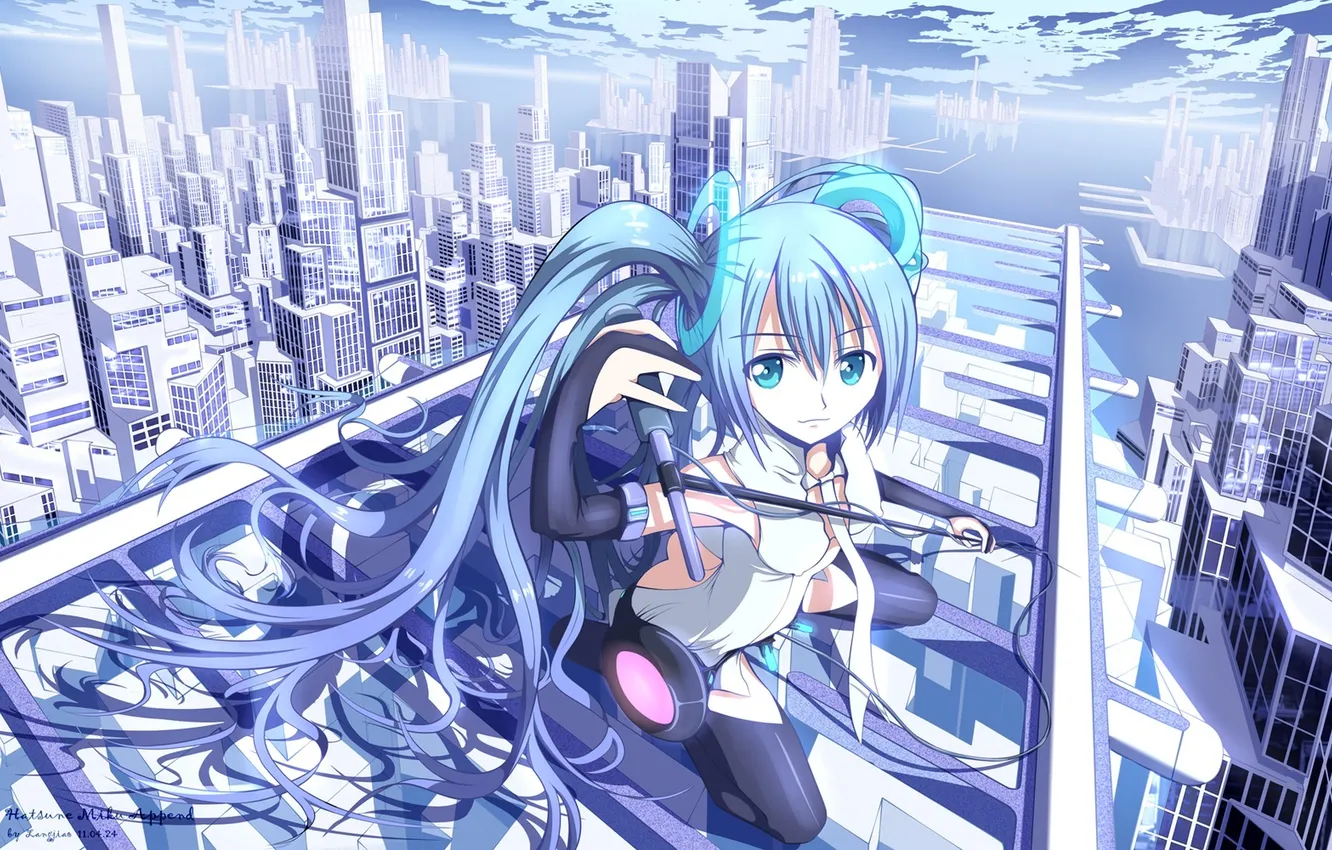 Фото обои девушка, город, дома, арт, микрофон, vocaloid, hatsune miku, вокалоид