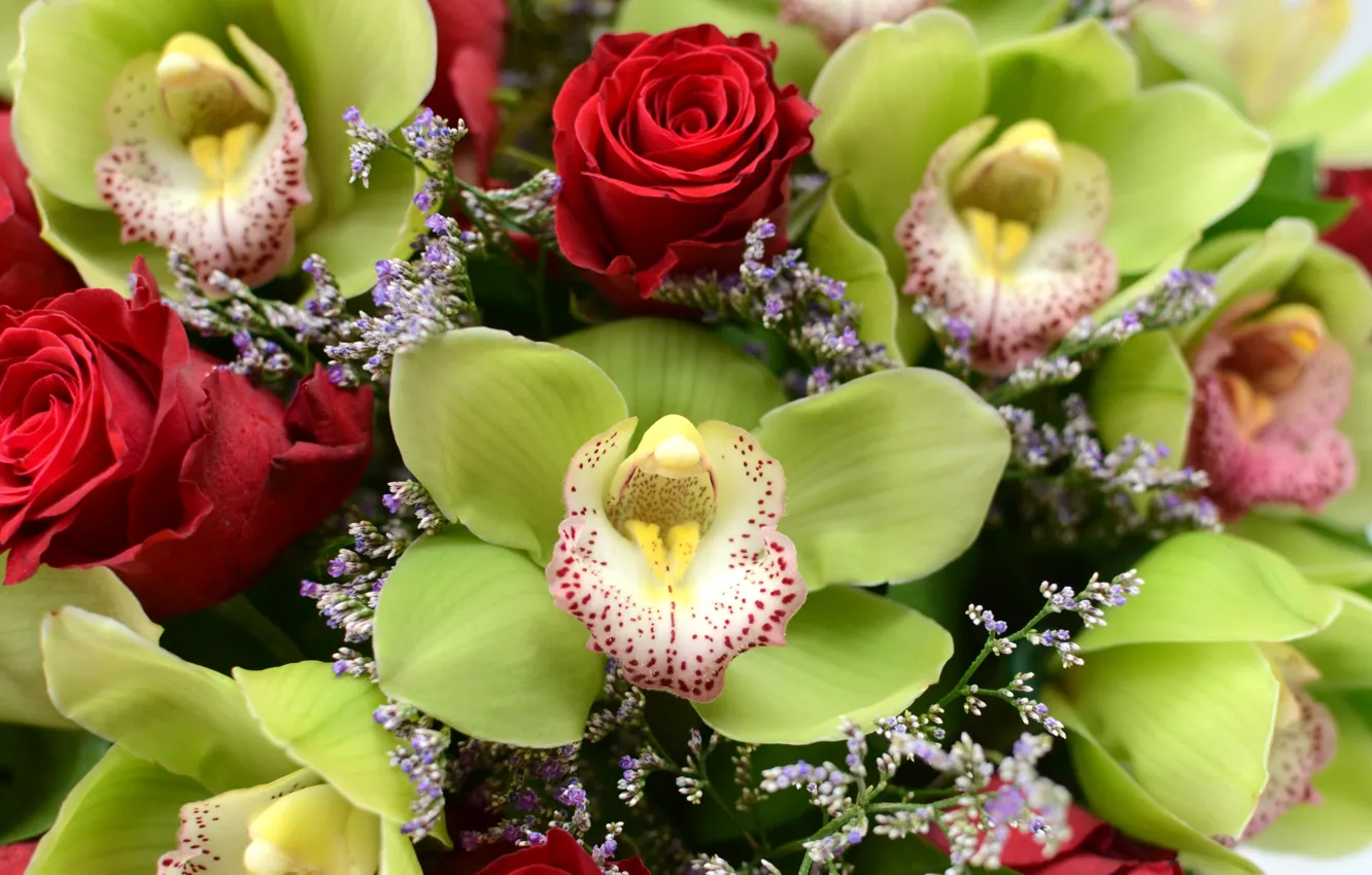 Фото обои цветы, розы, Букет, орхидеи