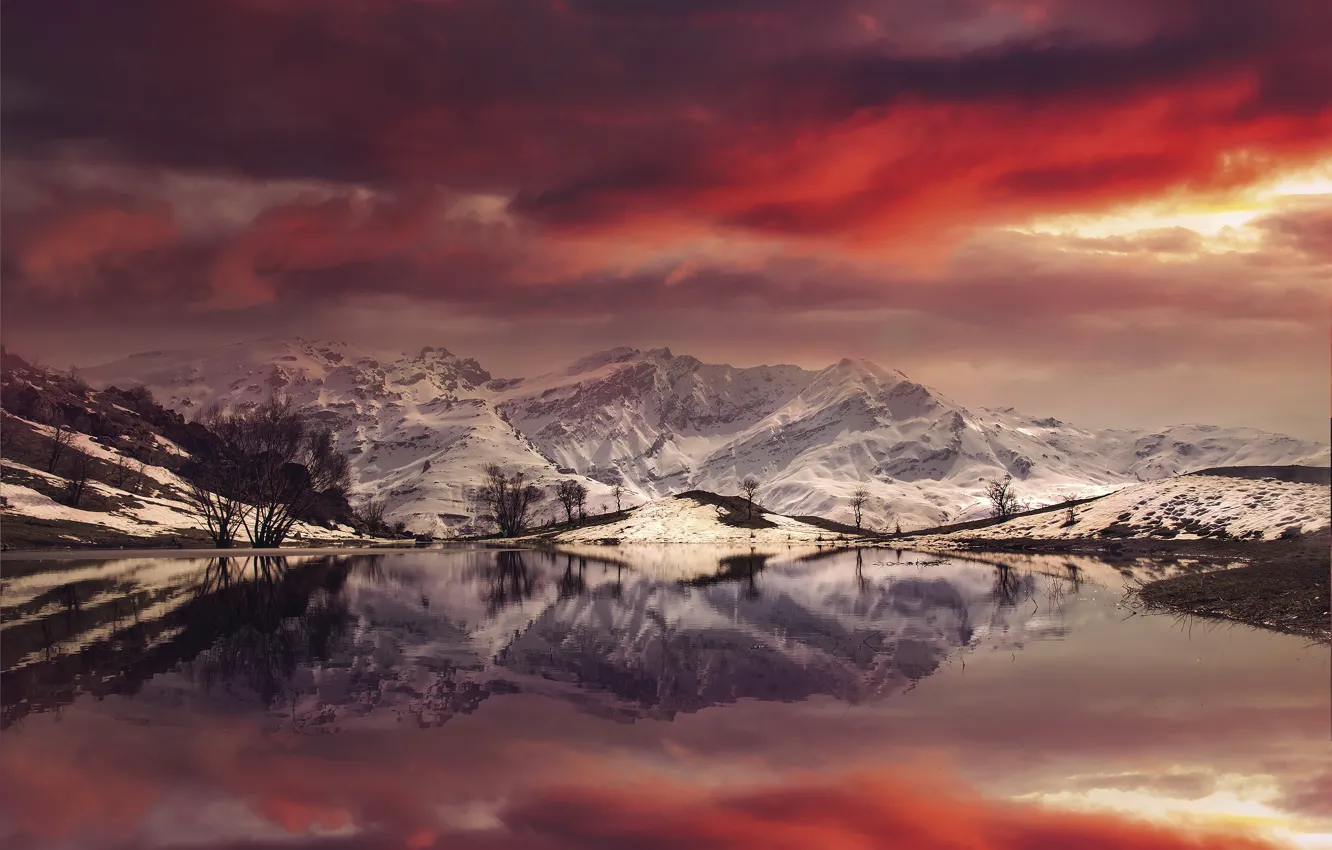 Фото обои Landscape, Mountain, reflection, sunlight, Fire Pond