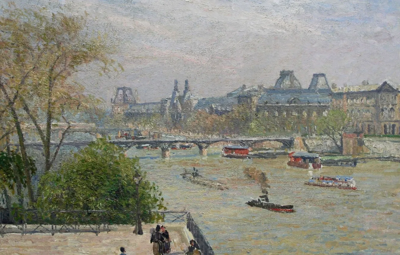 Фото обои мост, река, Париж, корабль, картина, Сена, городской пейзаж, Камиль Писсарро