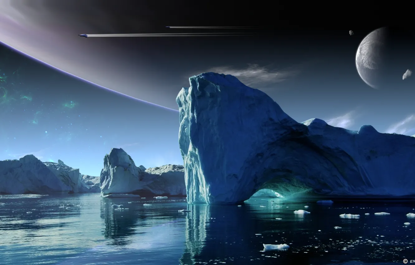 Фото обои небо, вода, скалы, планета, лёд, Planetary Scouts