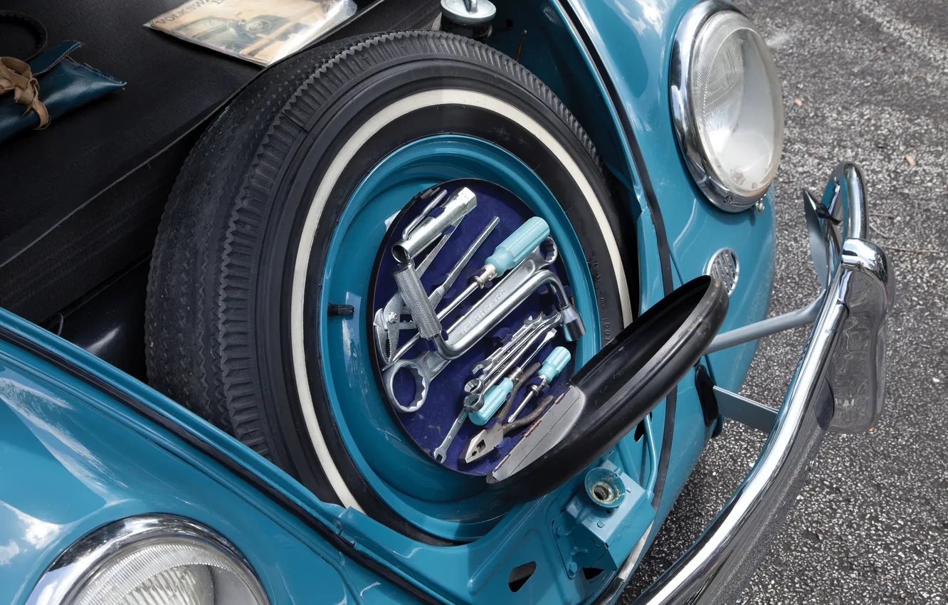 Фото обои Volkswagen, инструменты, Beetle, ретро автомобили, Cabriolet, 1963, retro cars, запасное колесо