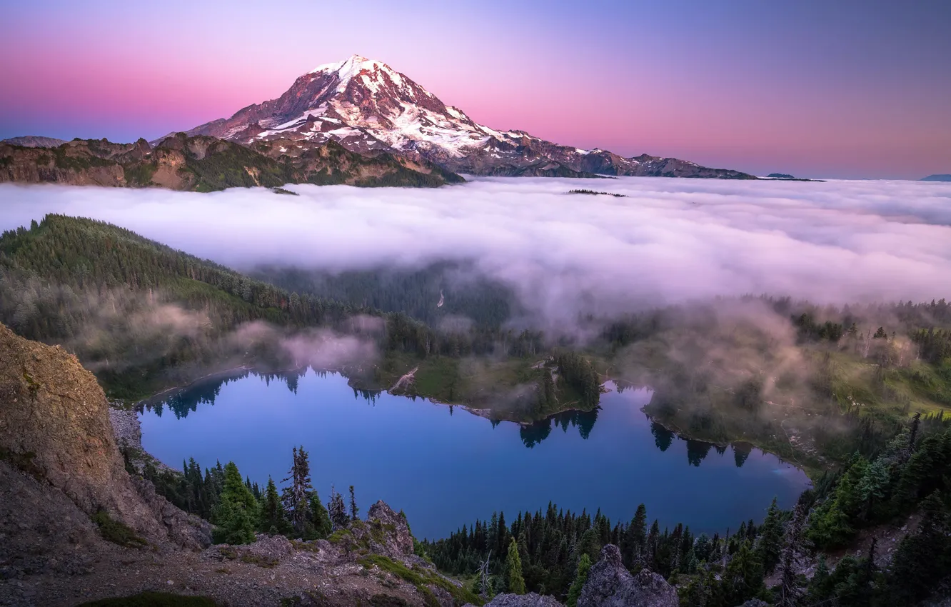 Фото обои горы, природа, туман, озеро