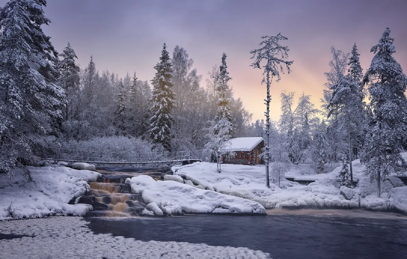 Фото обои зима, снег, деревья, мост, водопад, красота, Карелия
