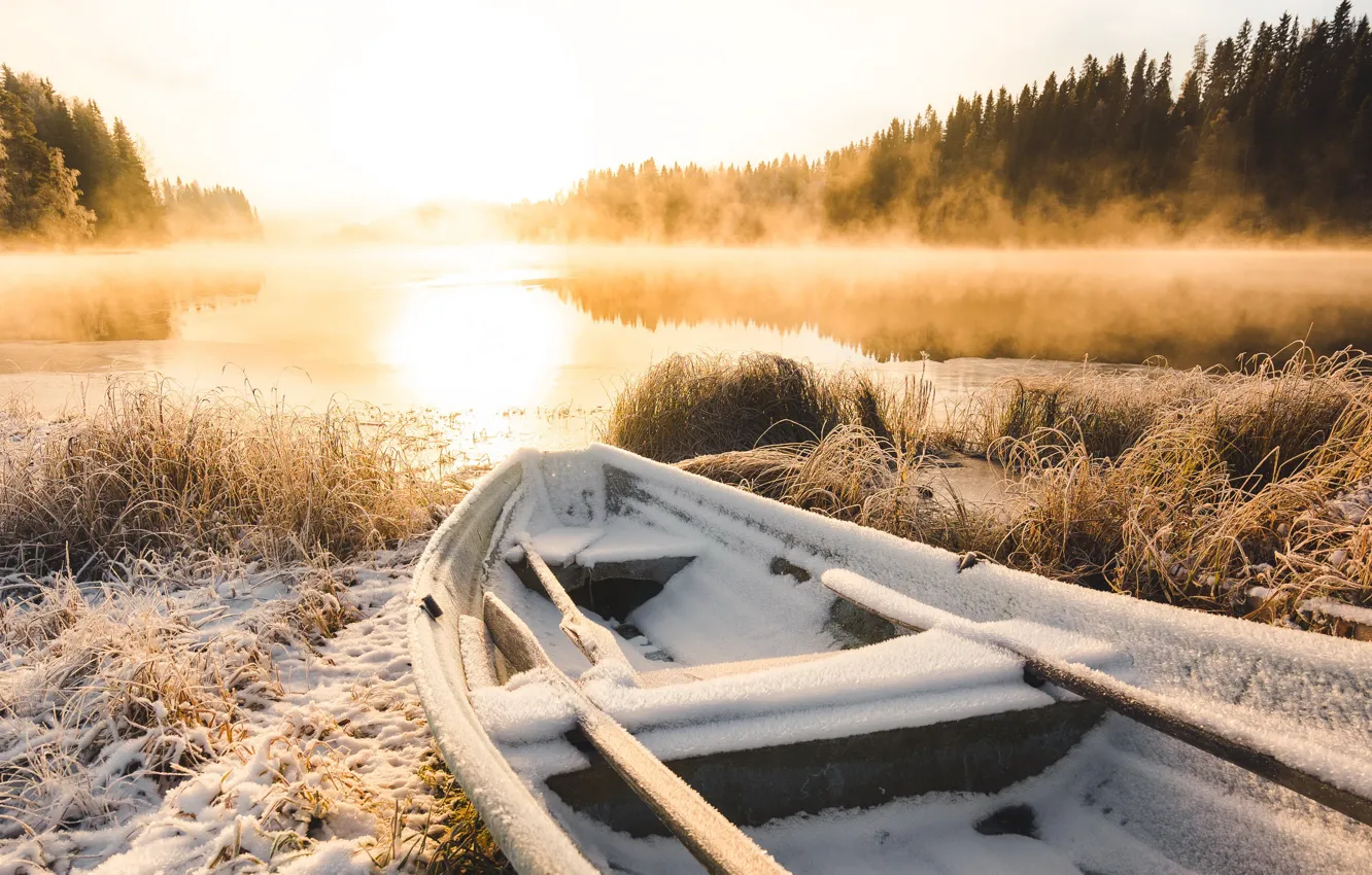 Фото обои зима, иней, озеро, лодка, утро
