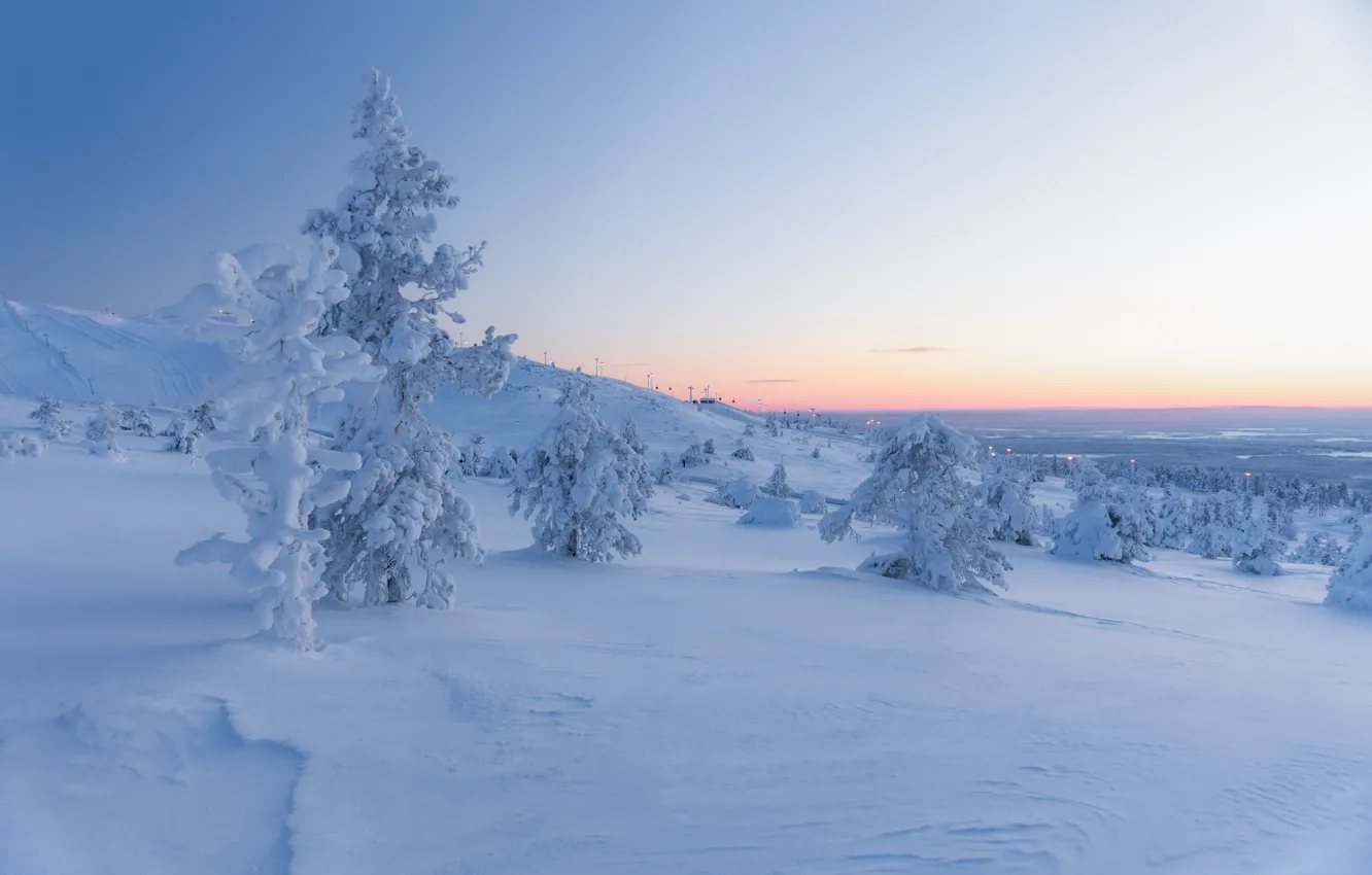 Фото обои зима, лес, небо, снег, деревья, горы, в снегу, даль