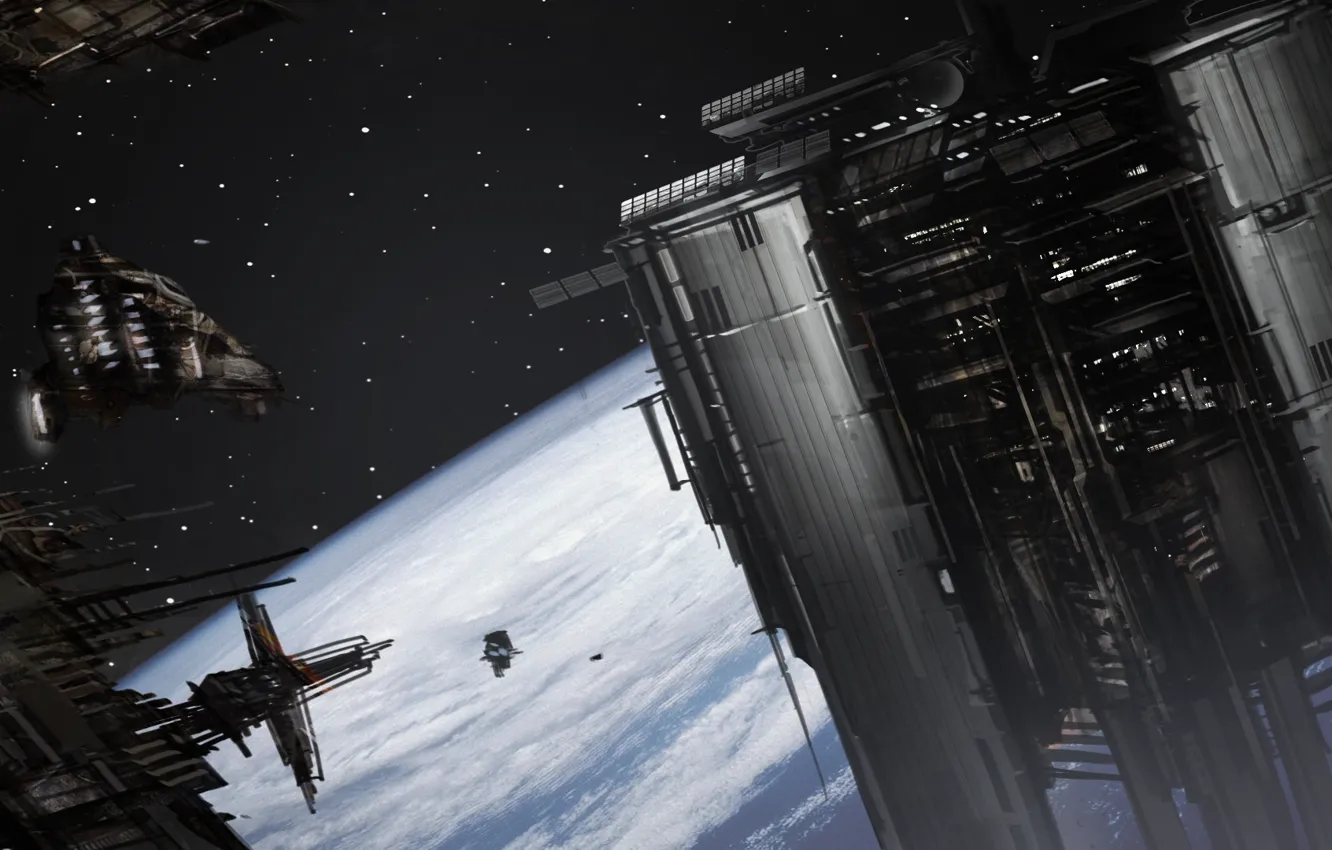 Фото обои космос, планета, корабли, станция, арт, орбита, Kim Dongha