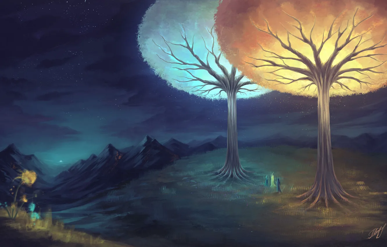 Фото обои деревья, ночь, свечение, звёзды, арт, нарисованный пейзаж
