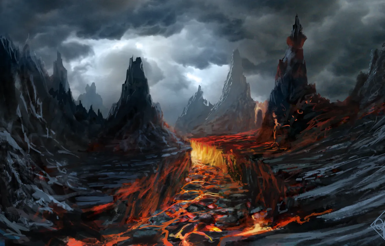 Фото обои тучи, скалы, вулкан, арт, лава, мрачно