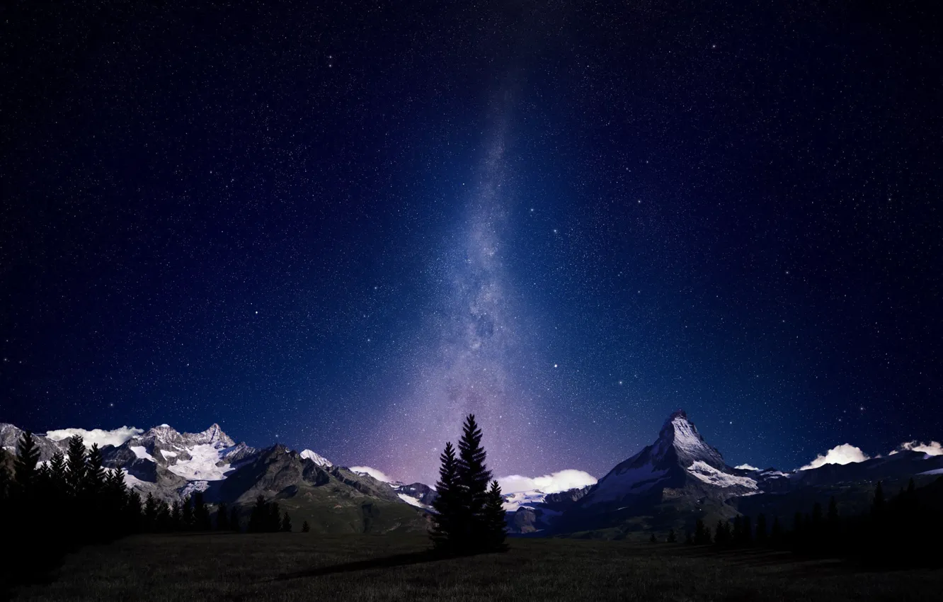 Фото обои звезды, свет, деревья, горы, ночь, луг, красота природы