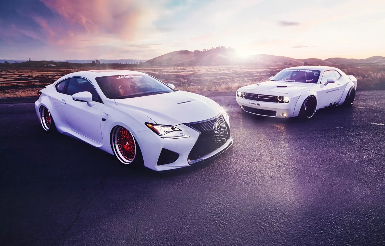 Фото обои Lexus, Dodge, Challenger, Cars, Front, Sunset, White, Sport