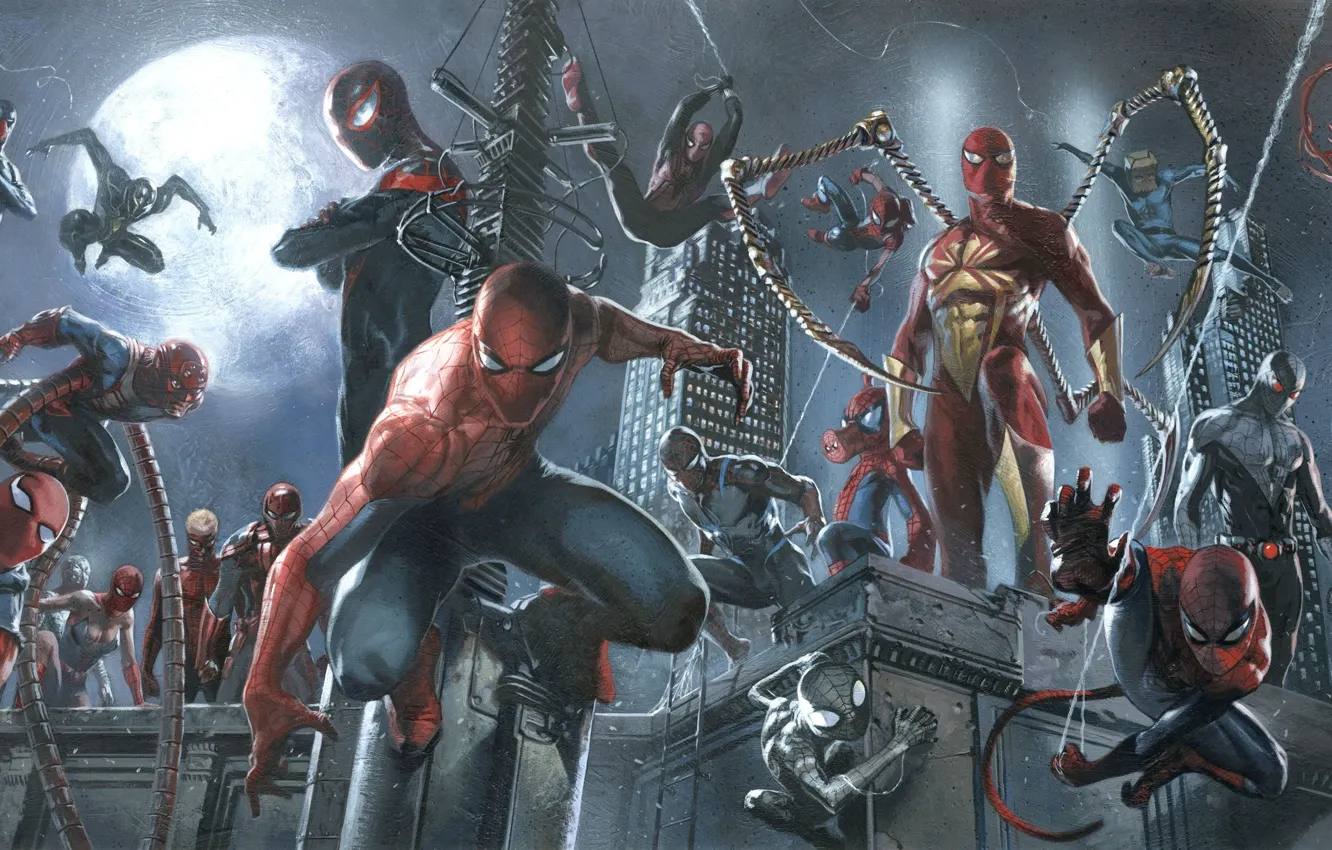Фото обои marvel, spider man, spider girl, captain spider, miles morales, spider ham, spider verse, may parker