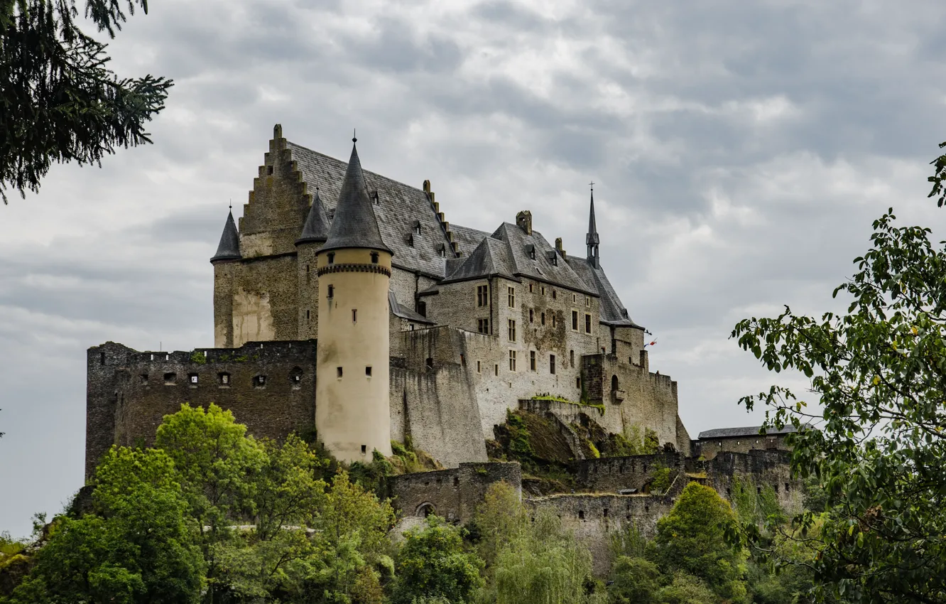 Фото обои небо, деревья, тучи, Люксембург, Luxembourg, средневековая архитектура, замок Вианден, Vianden castle