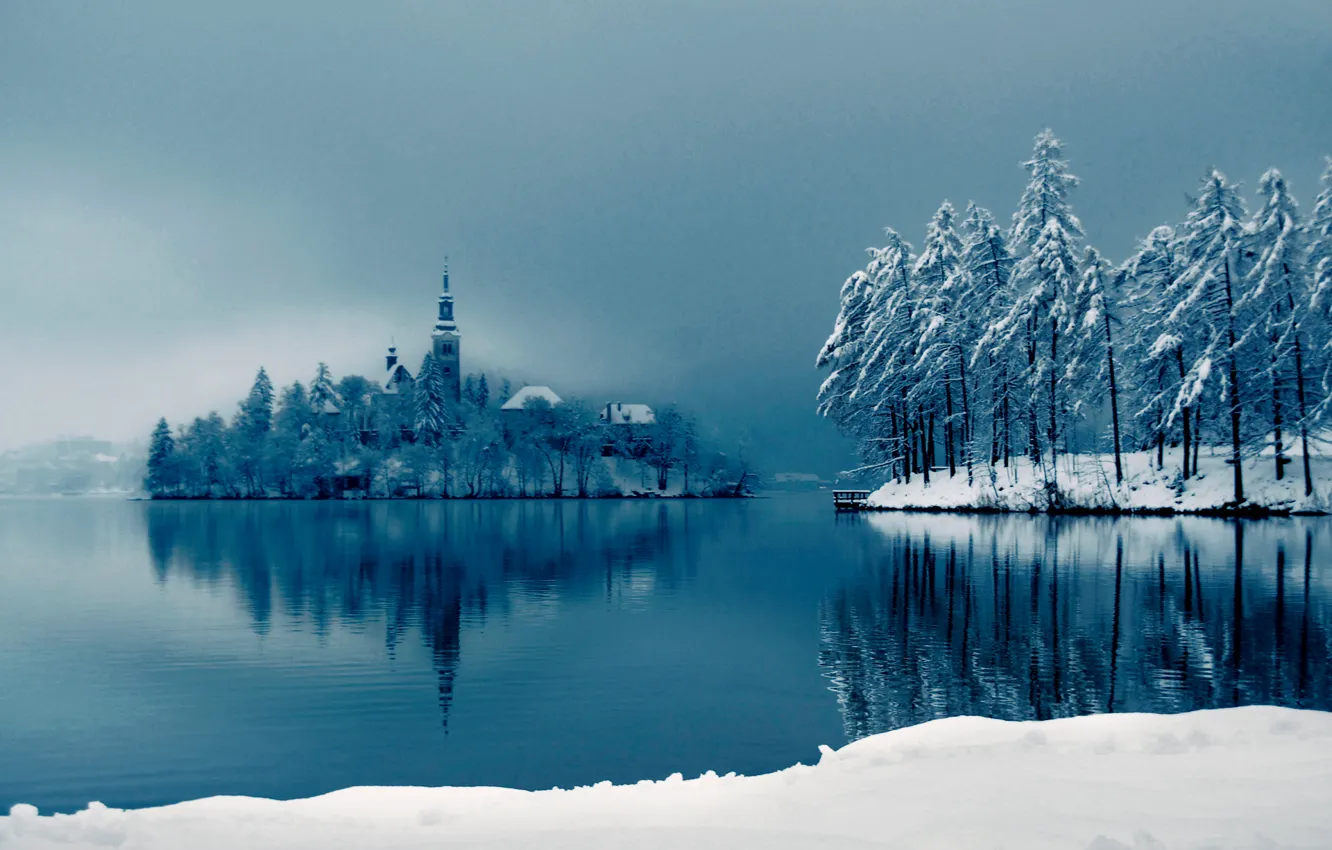 Фото обои зима, снег, озеро, собор, на острове