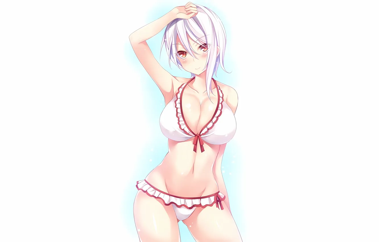 Фото обои girl, sexy, cleavage, boobs, anime, beautiful, red eyes, short hair