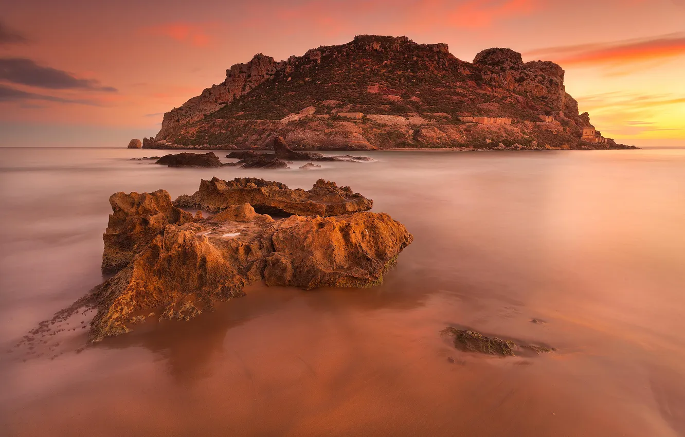 Фото обои море, рассвет, остров, Испания, свала