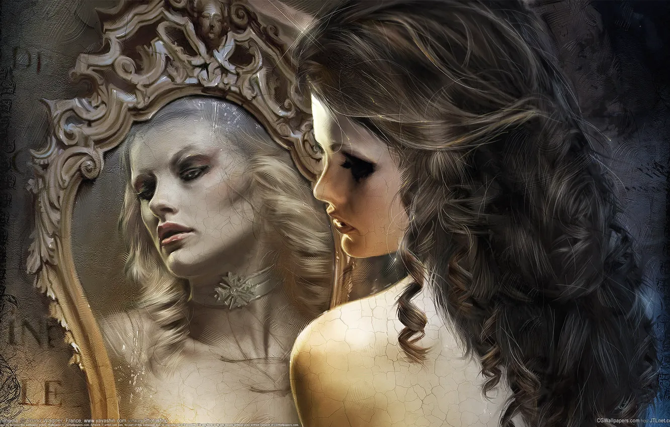 Фото обои девушка, трещины, отражение, зеркало, bruno wagner, старинное