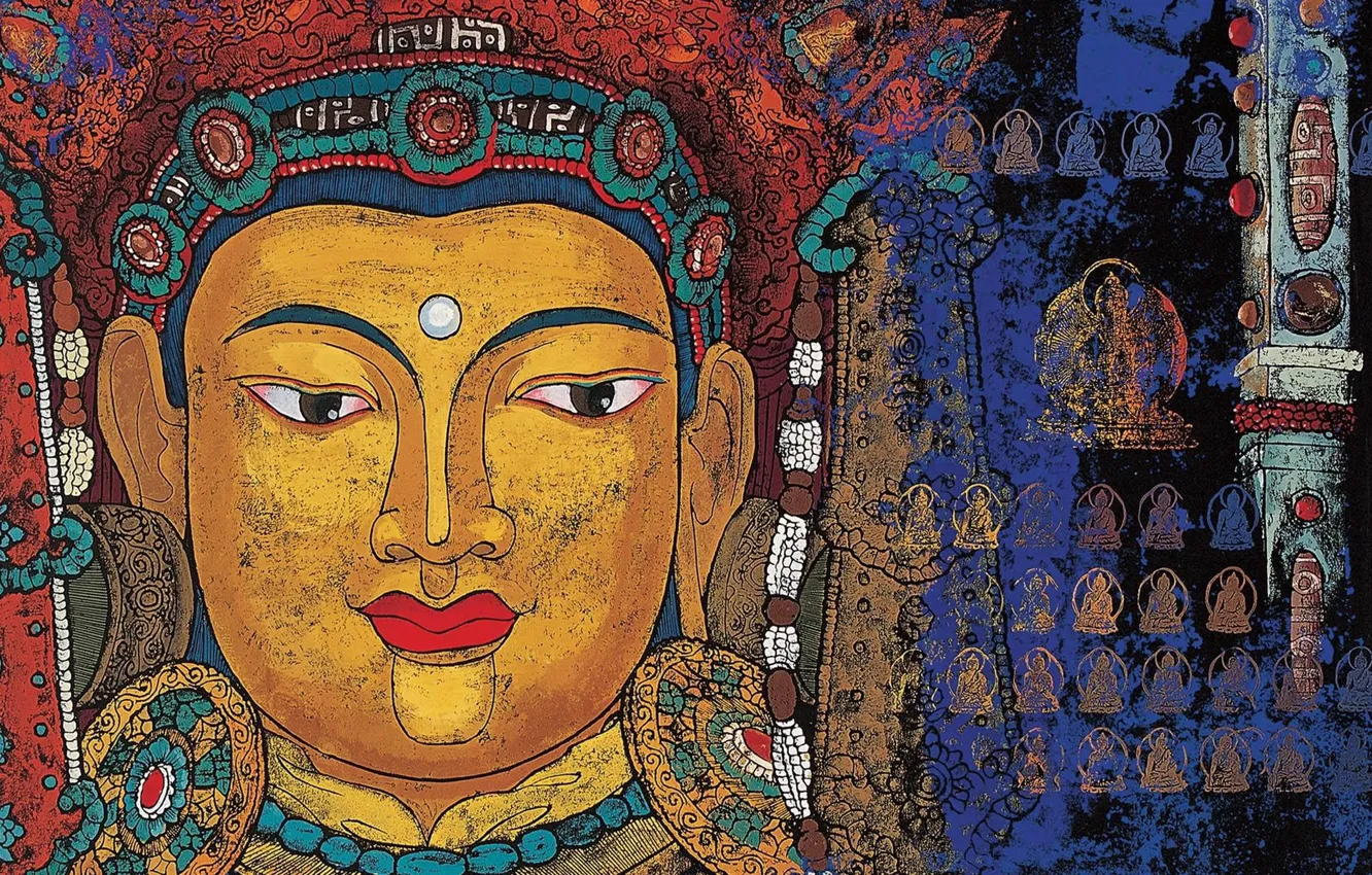 Фото обои живопись, религия, будда, икона, верховный бог, малые божества, тибетская мифология