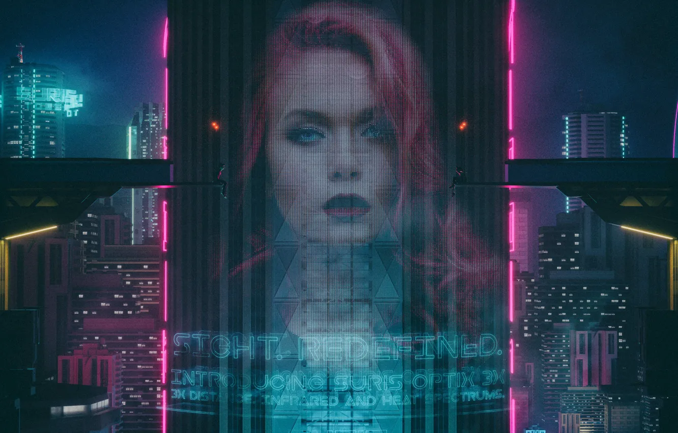 Фото обои Девушка, Ночь, Город, Неон, Стиль, Style, Neon, Illustration