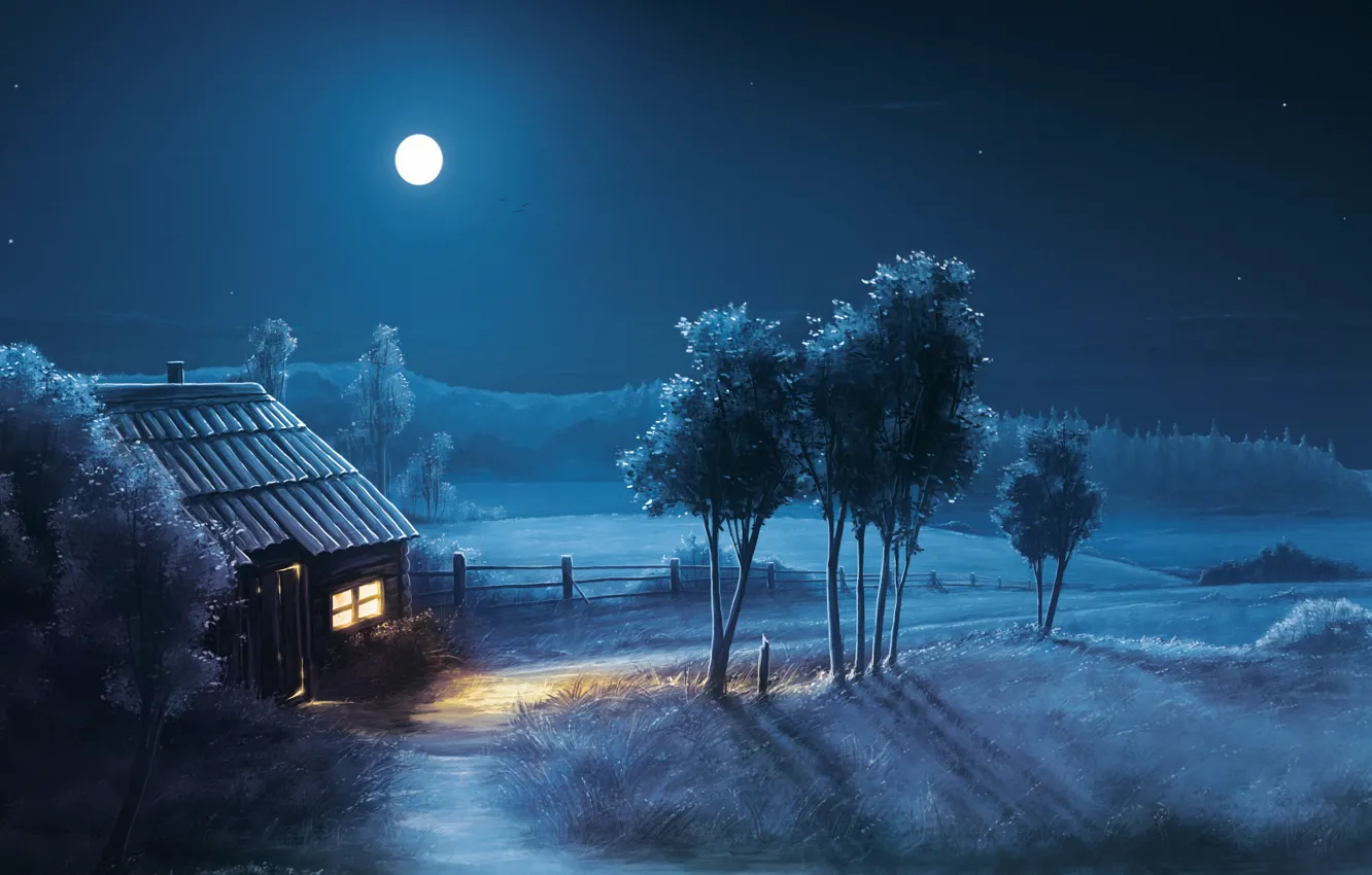 Фото обои поле, ночь, дом, дерево, луна