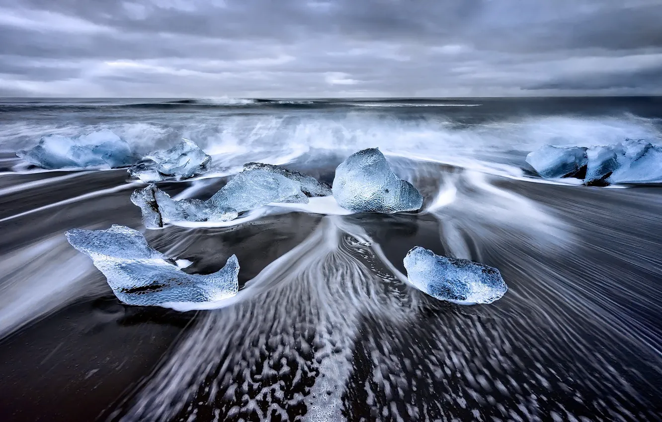 Фото обои пляж, лёд, выдержка, лагуна, Исландия, приода