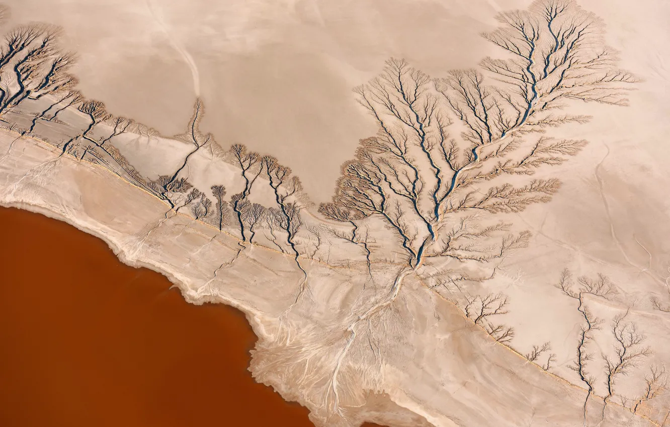 Фото обои озеро, узоры, пустыня, вид сверху