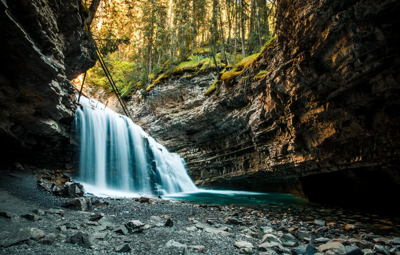 Фото обои Природа, Водопад, Скалы, Река, Лес, Камни