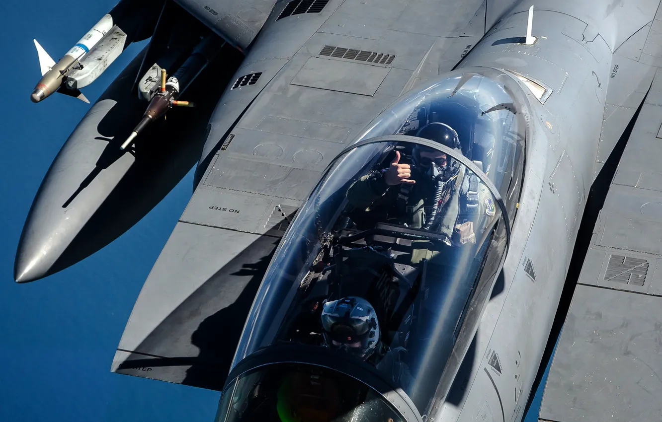 Фото обои Фонарь, F-15, USAF, Истребитель-бомбардировщик, Пилот, F-15E Strike Eagle, Жест, AIM-9 Sidewinder