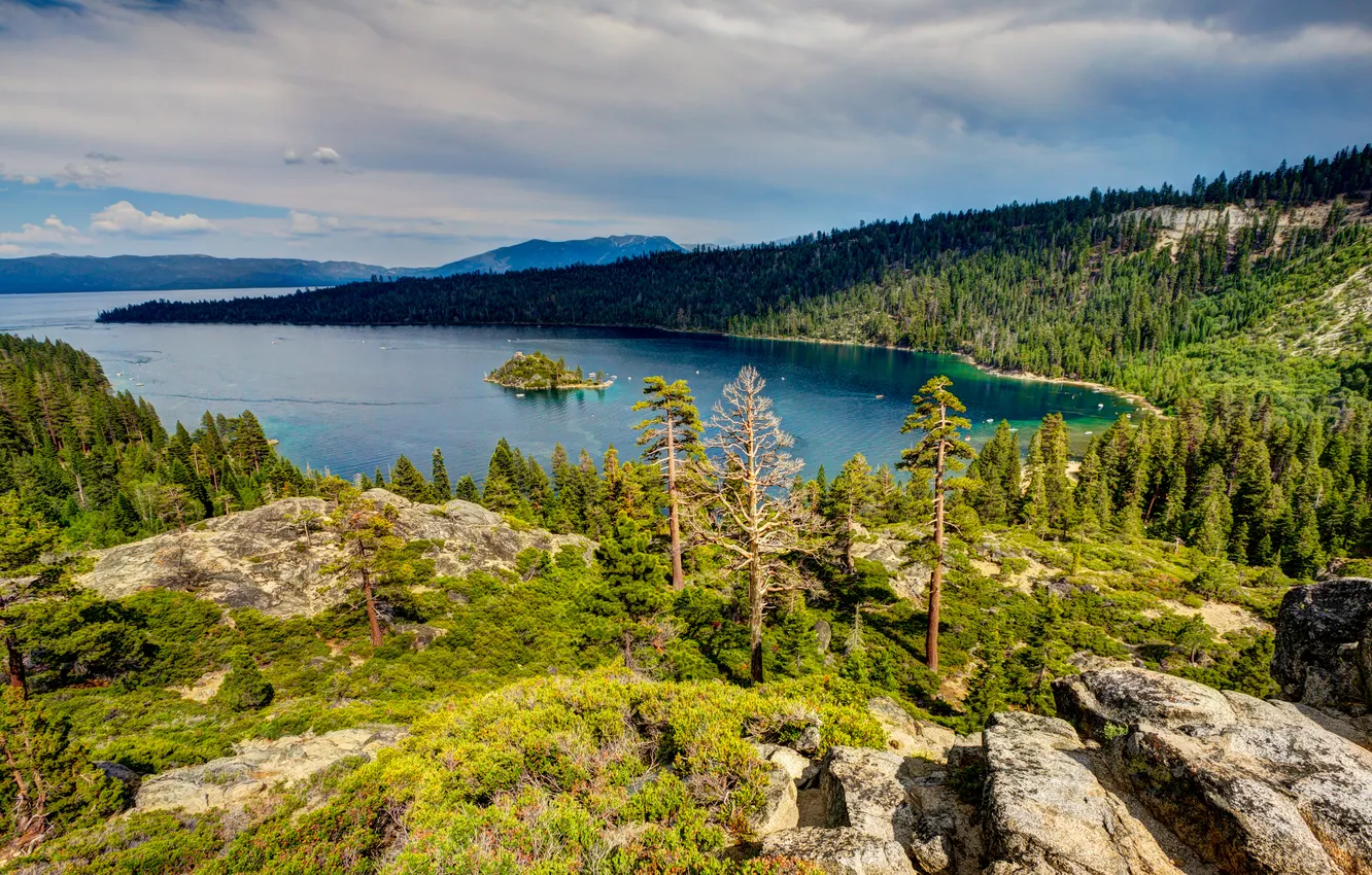 Фото обои лес, деревья, горы, озеро, камни, лодки, Калифорния, США