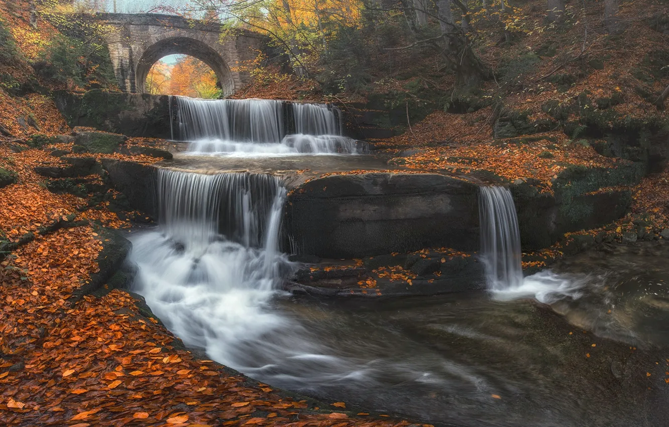 Фото обои осень, листья, мост, река, водопад, каскад, Болгария, Bulgaria
