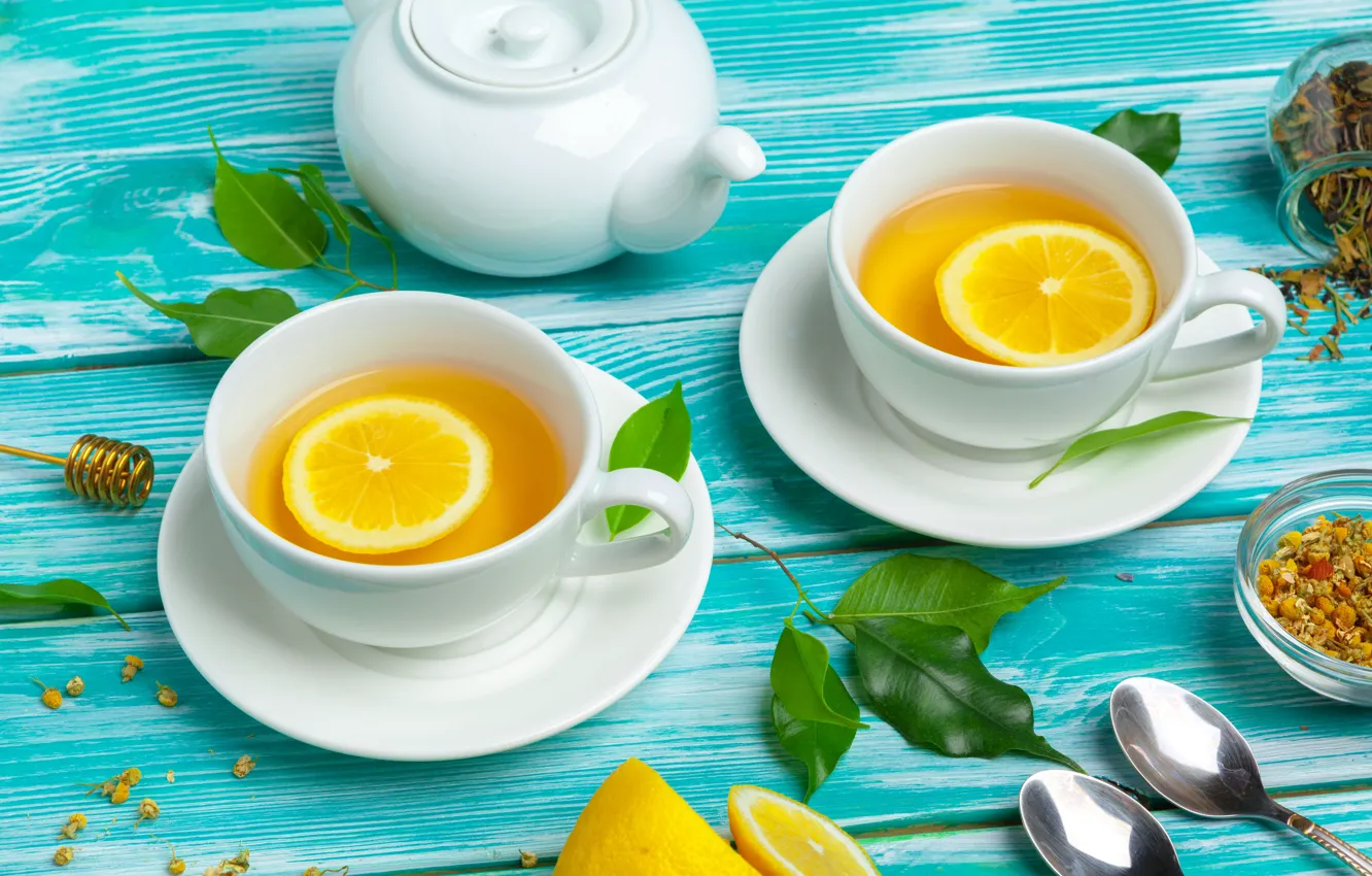 Фото обои чай, чайник, чашки, лимоны, душистый, Newfabrika