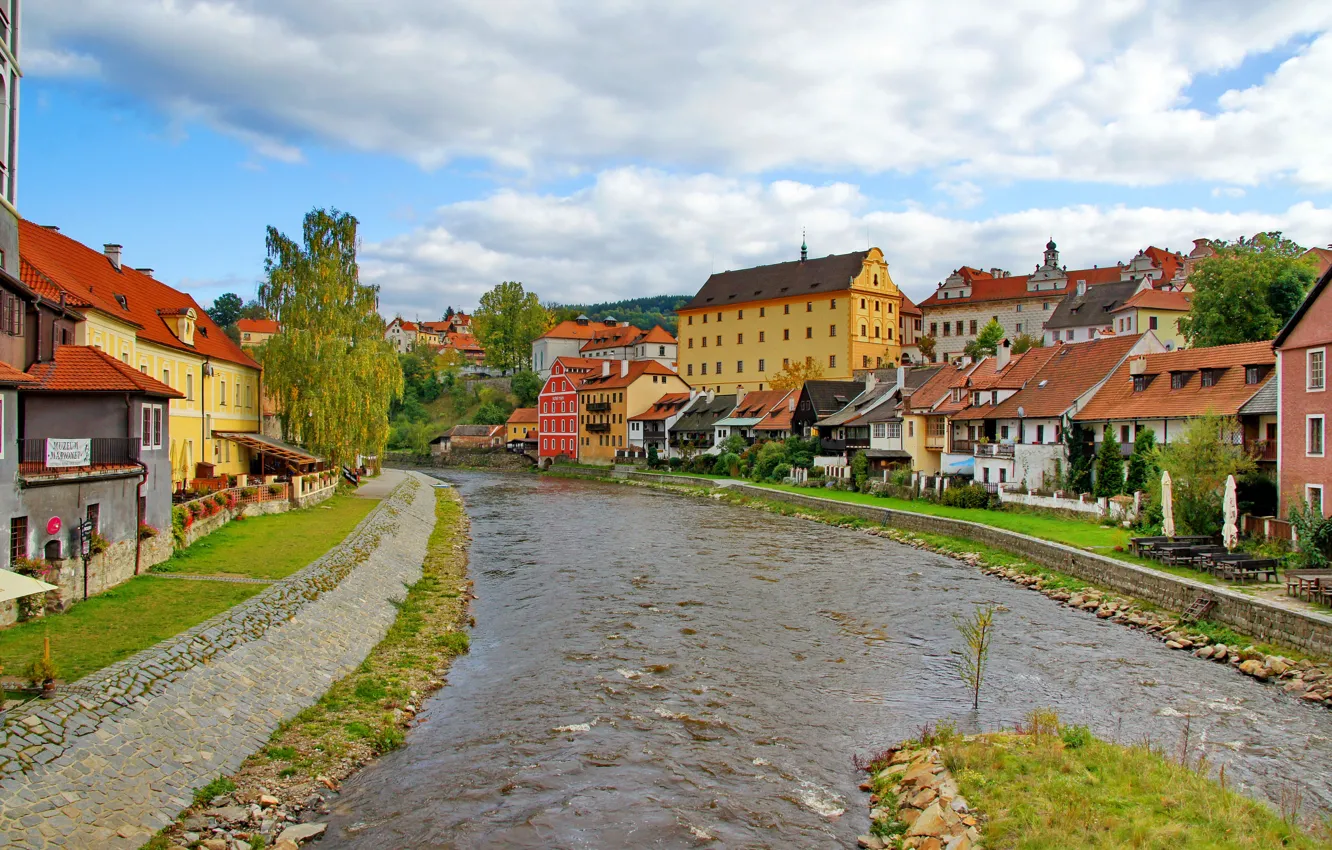 Фото обои река, камни, улица, дома, Чехия, архитектура, krumlov., Ceskiy
