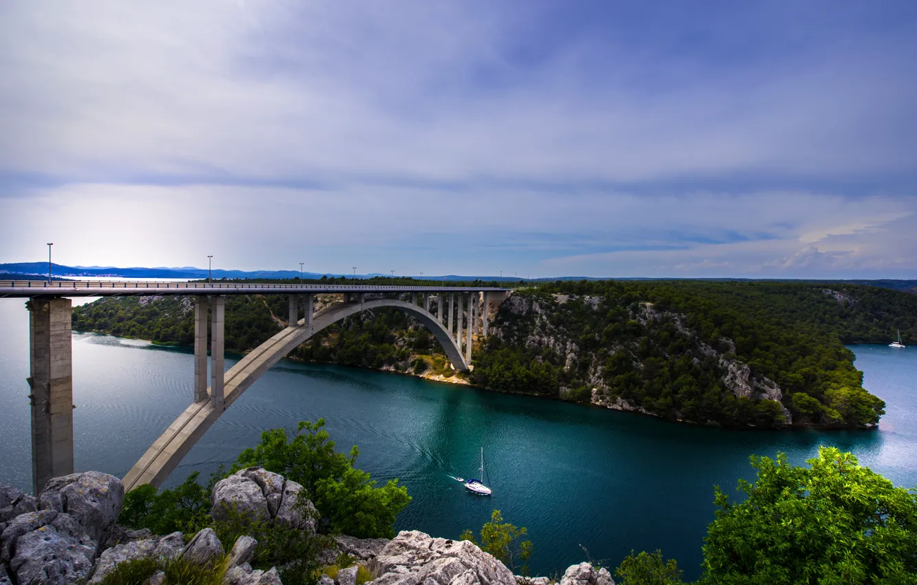 Фото обои мост, река, яхта, Хорватия, Croatia, река Крка, Krka River