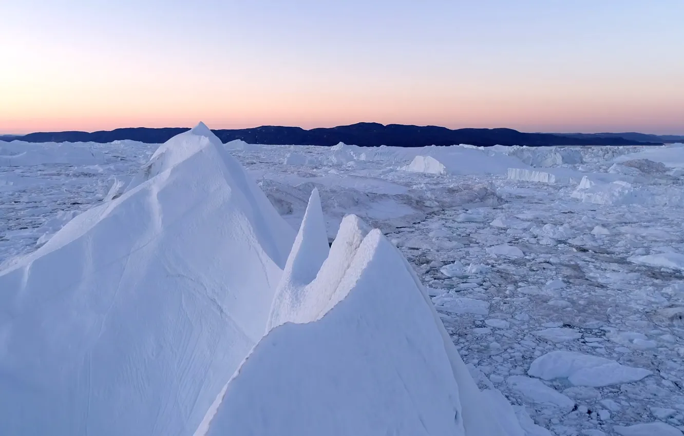 Фото обои холод, зима, снег, закат, лёд, горизонт, ice, landscape