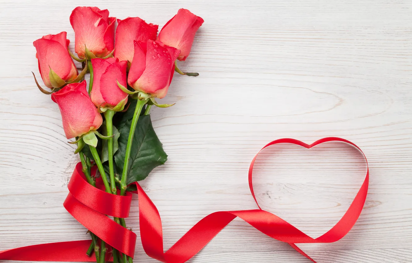 Фото обои любовь, цветы, подарок, романтика, сердце, розы, лента, love