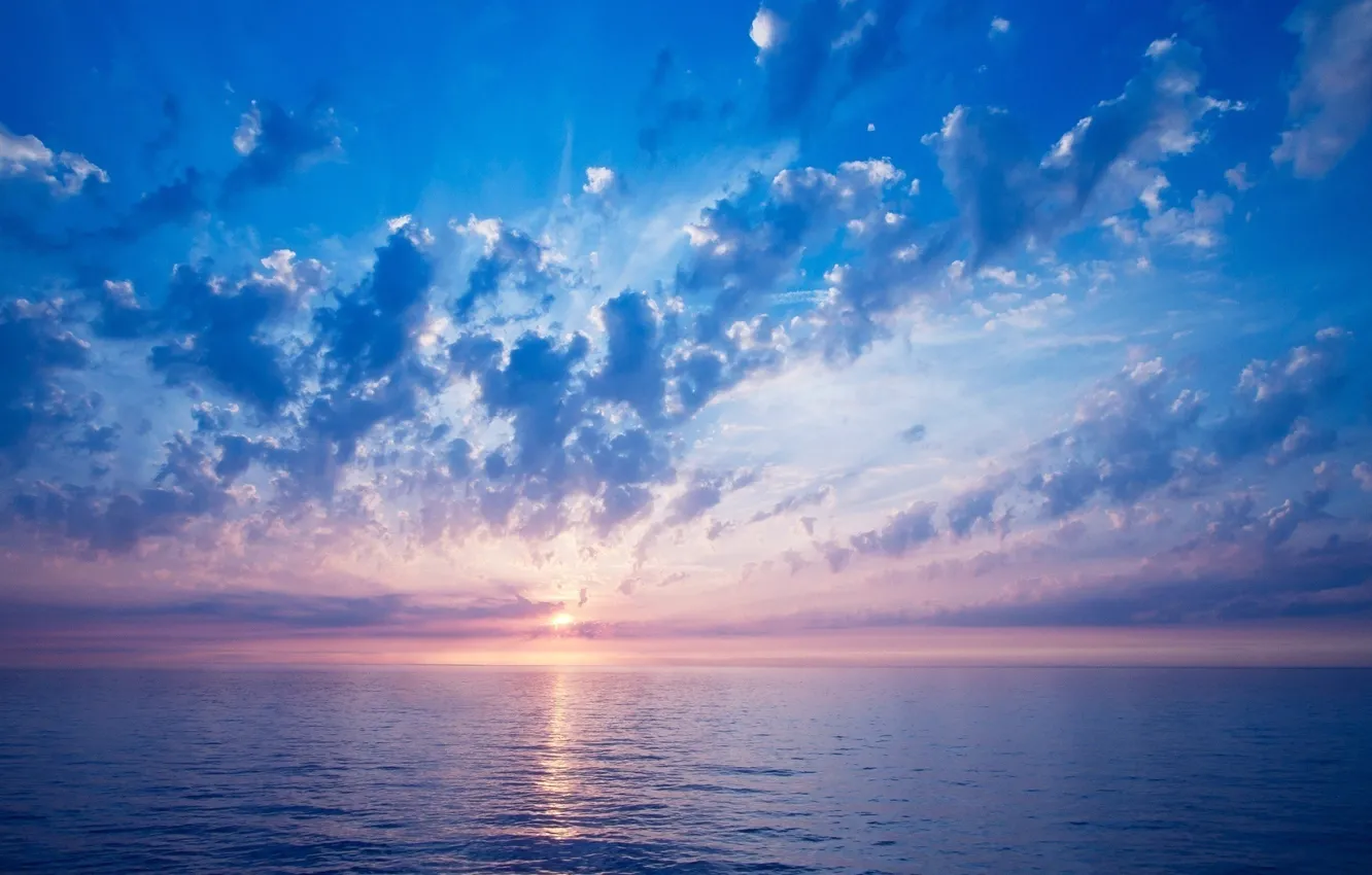 Фото обои море, небо, облака, восход, горизонт