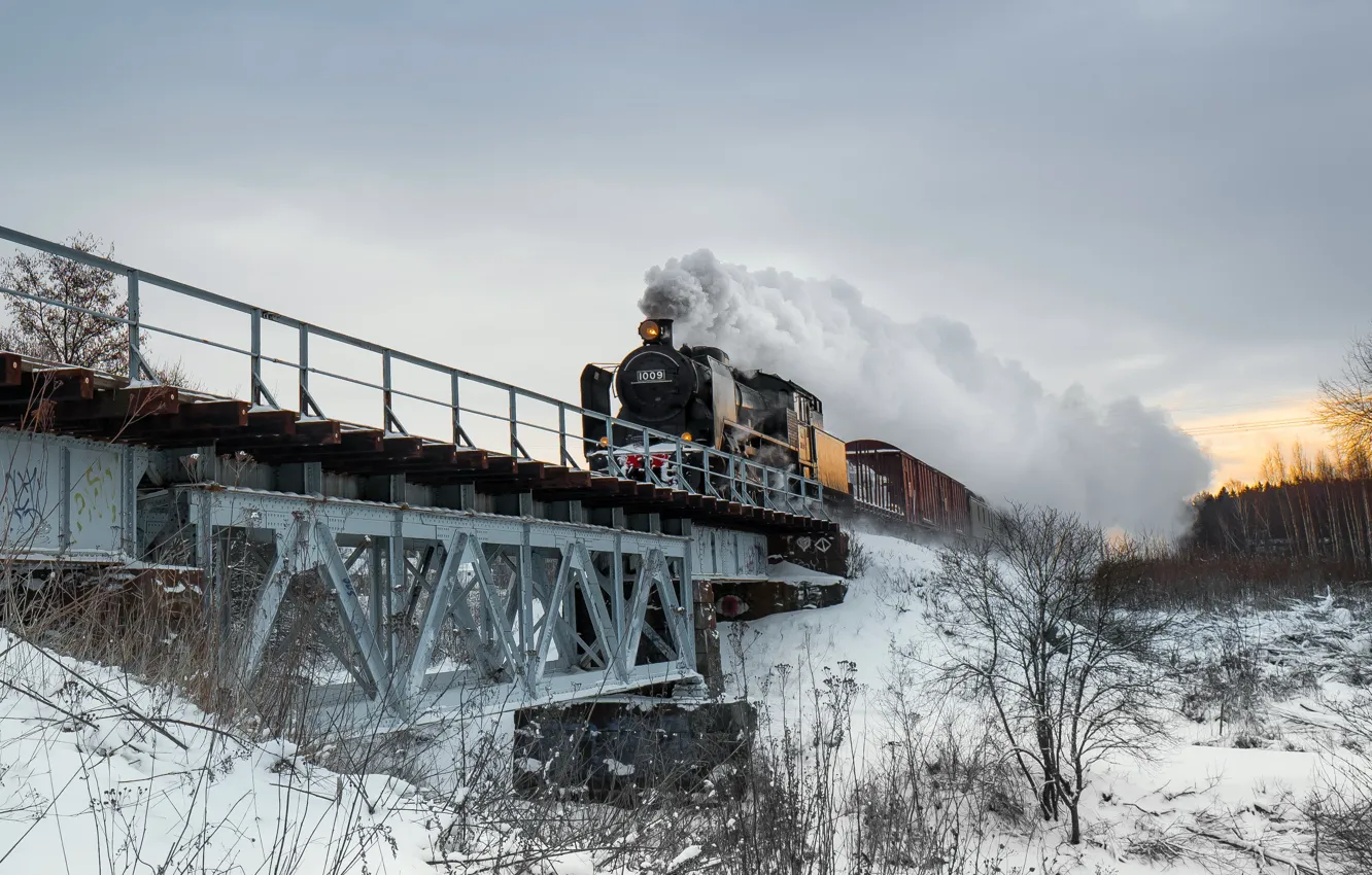 Фото обои зима, мост, поезд, паровоз