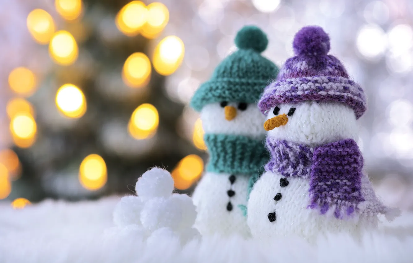 Фото обои макро, шарф, снеговики, шапочка, боке, снежки