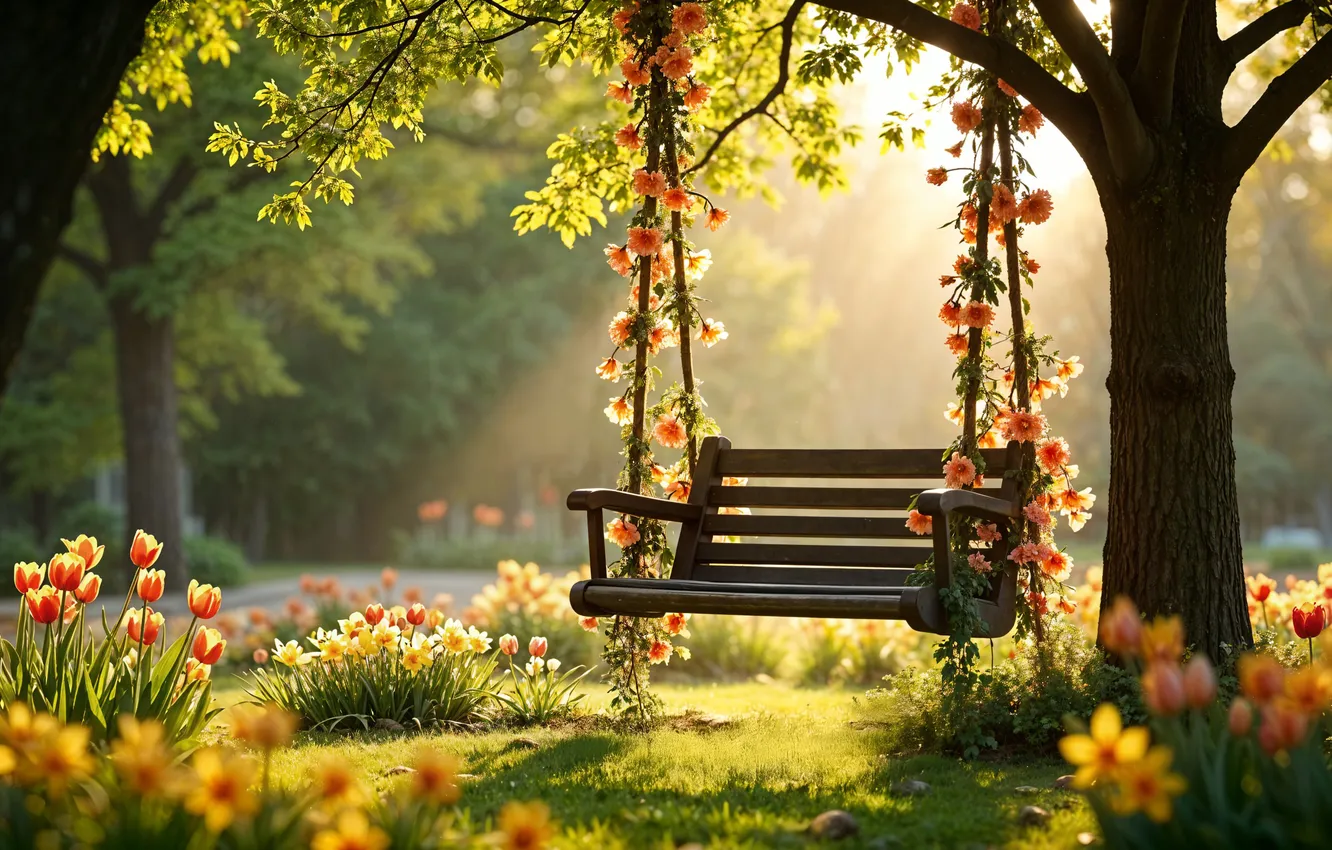 Фото обои цветы, качели, весна, colorful, сад, луг, blossom, flowers