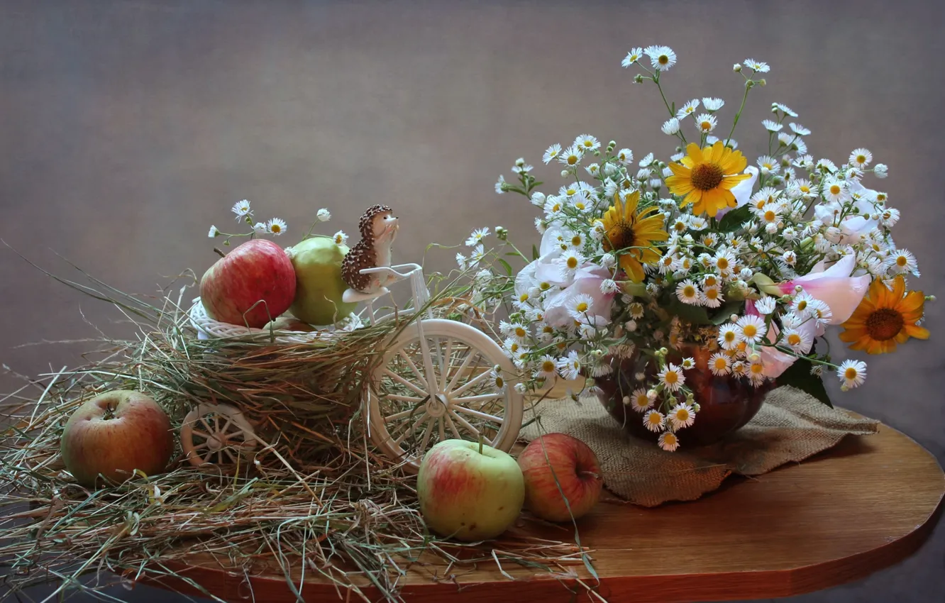 Фото обои яблоки, ромашки, букет, сено, натюрморт, ёжик, фигурка, гелениум