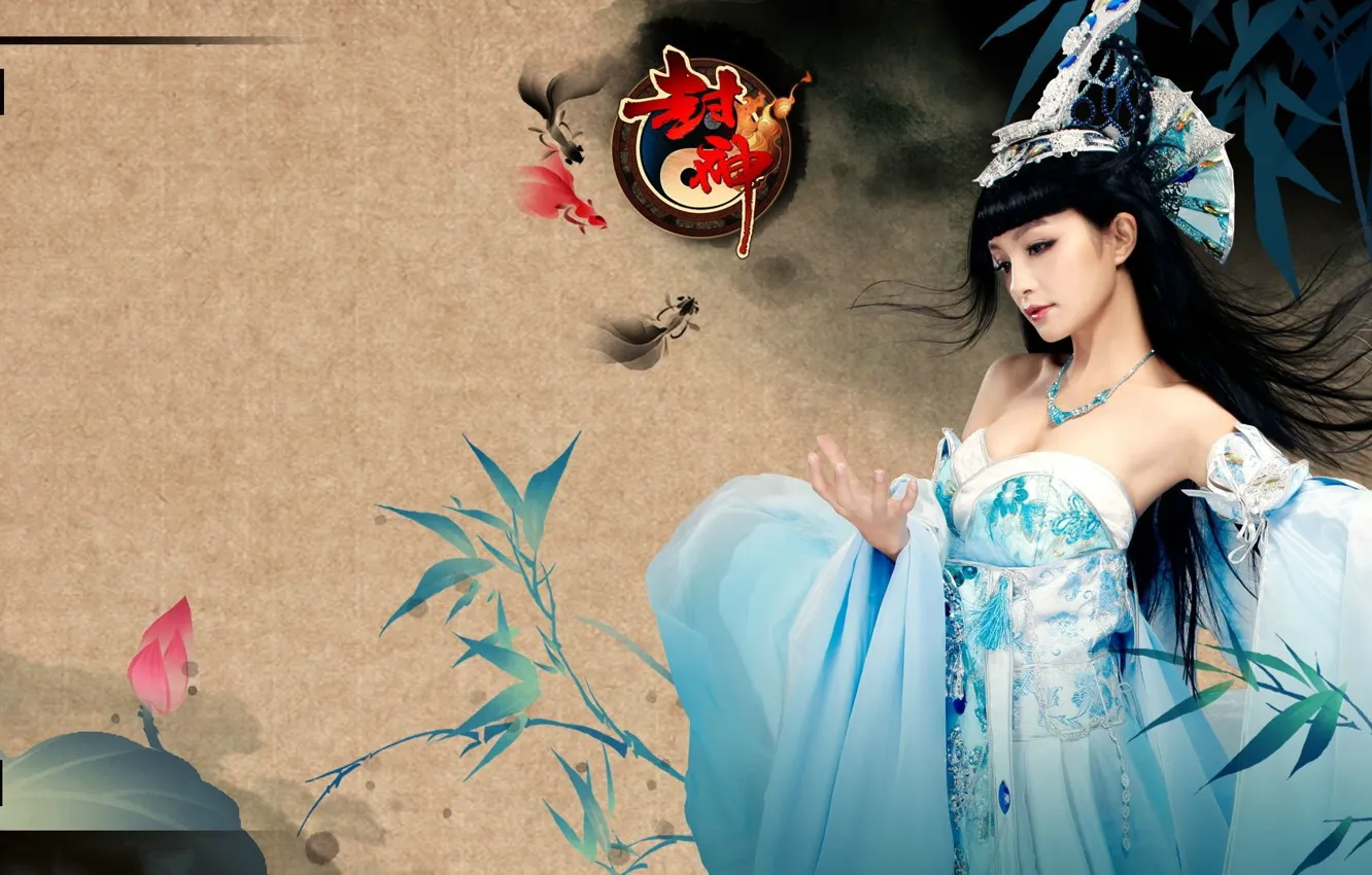 Фото обои бамбук, брюнетка, костюм, декольте, азиатка, cosplay, головной убор