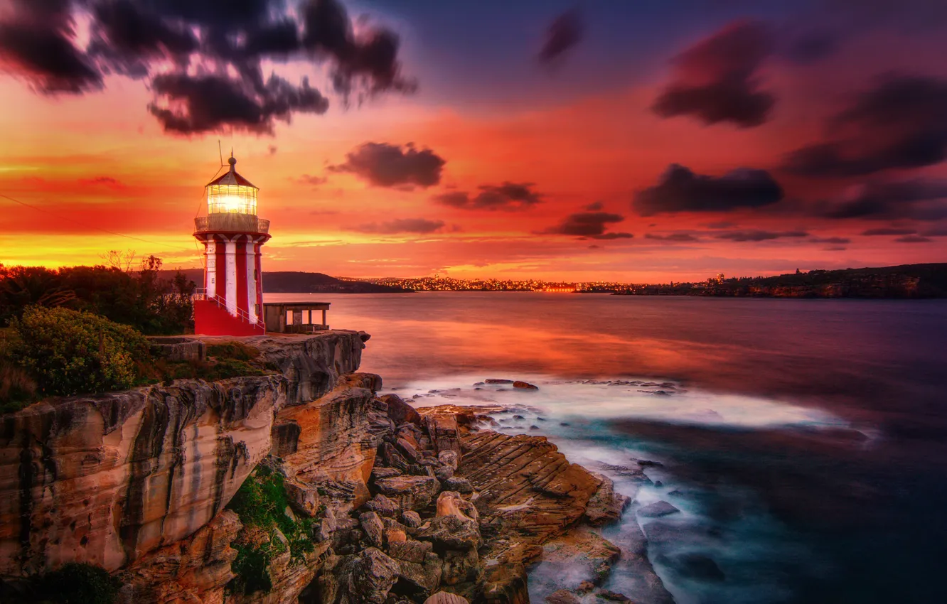 Фото обои море, закат, скала, маяк, Австралия, Australia, New South Wales, Новый Южный Уэльс