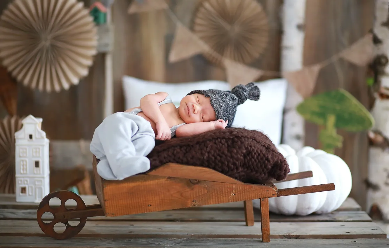 Фото обои сон, мальчик, спит, тележка, шапочка, младенец, костюмчик
