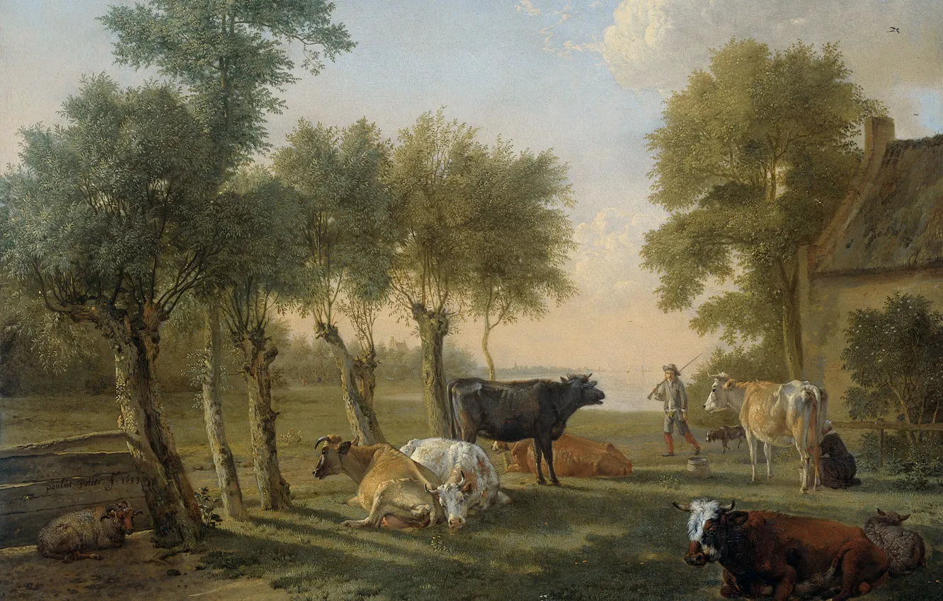 Фото обои животные, масло, картина, холст, Паулюс Поттер, Коровы на Пастбище около Фермы