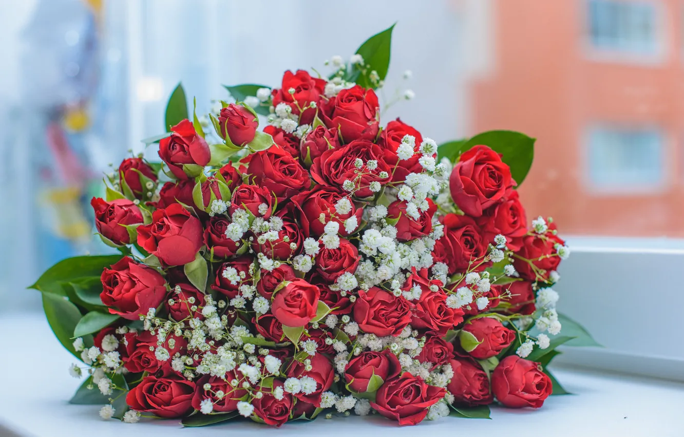 Фото обои розы, букет, букет невесты, алые розы